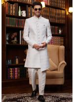 Jacquard Silk White Wedding Wear Hand Work Readymade Sherwani